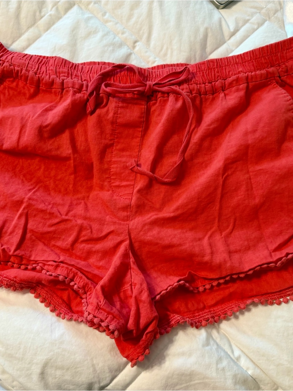 LOFT Coral Red Linen Drawstring Shorts with Pom Hem